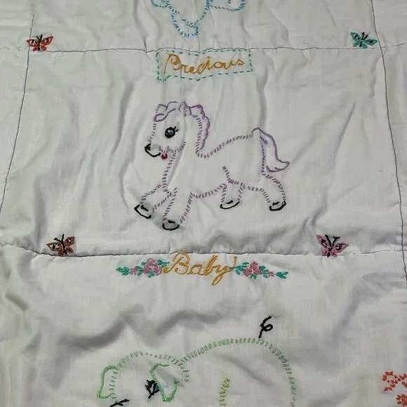 Vintage Baby Quilt Hand Embroidered Animals Pastel Crib Blanket Handmade 36x30 - Picture 16 of 16